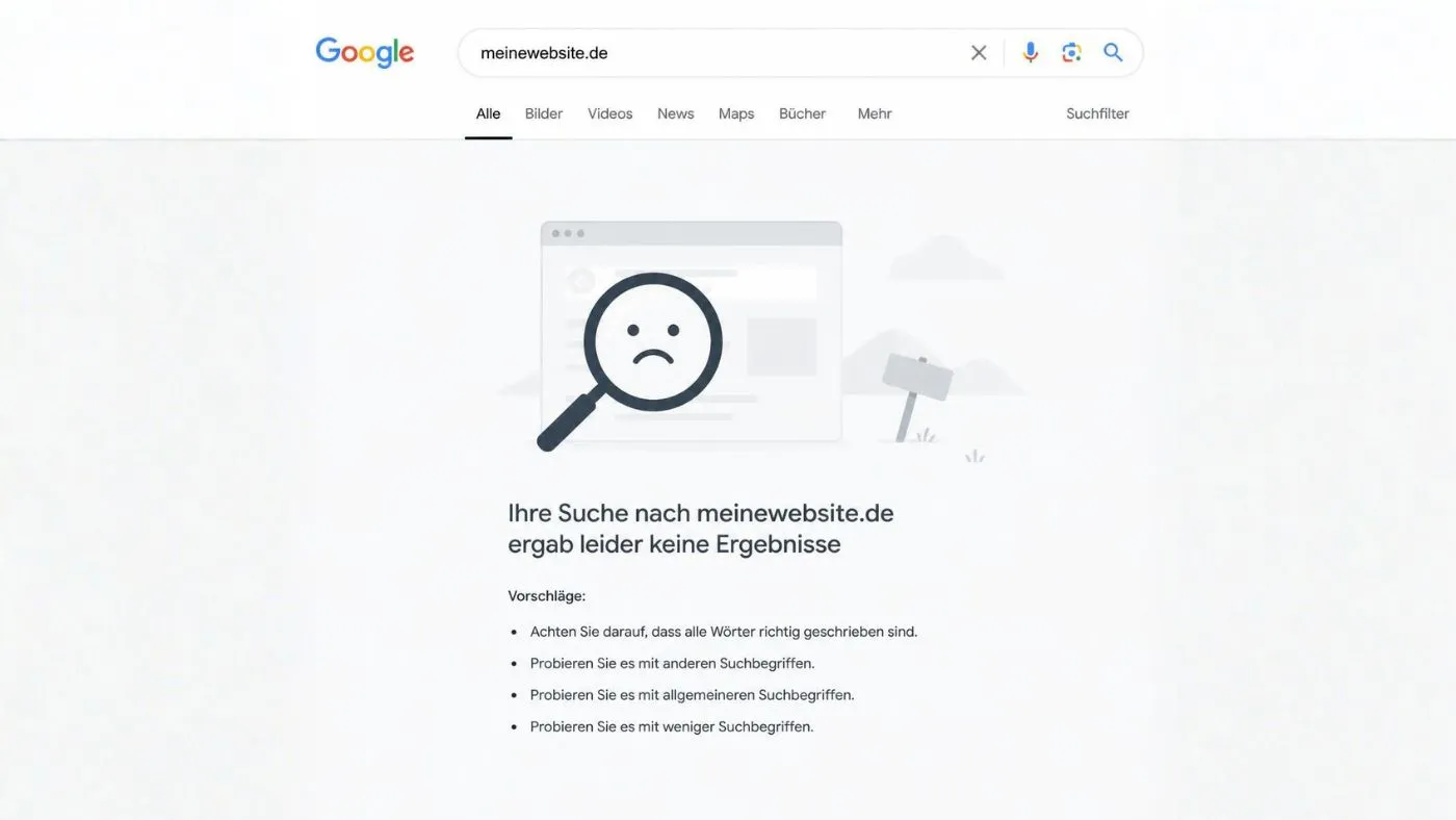 Website wird bei Google nicht gefunden Google Suche mit einer Lupe in der ein Trauriges Gesicht zu sehen ist